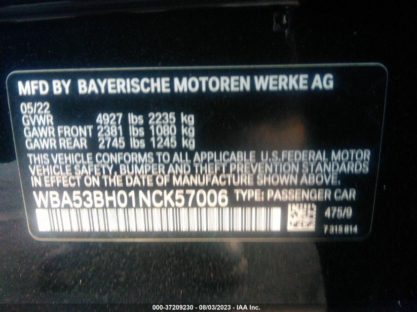 2022 BMW 5 SERIES 530I - WBA53BH01NCK57006