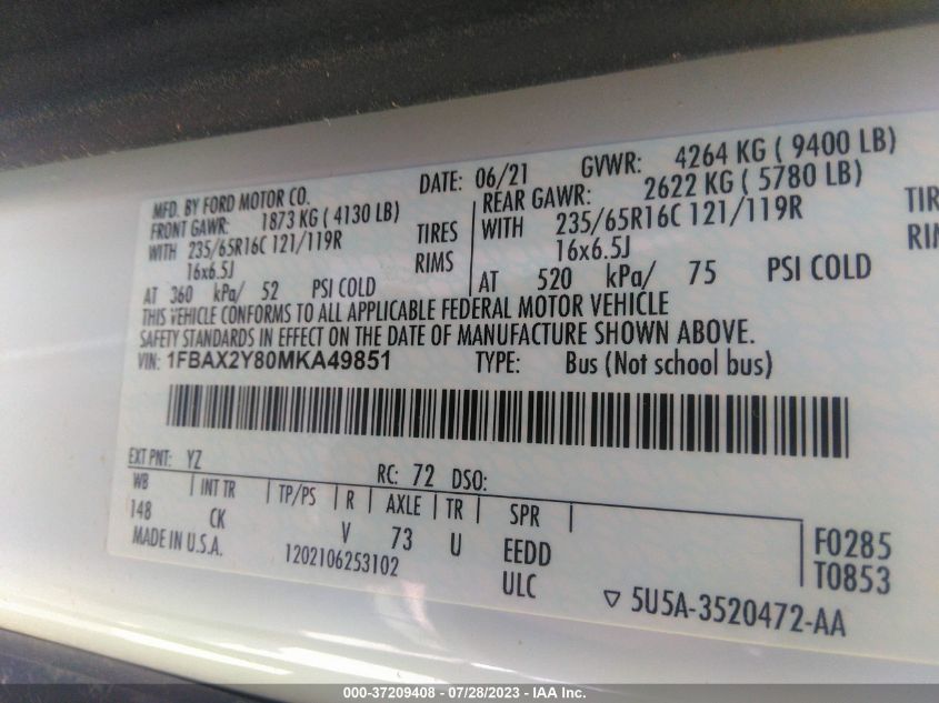 2021 FORD TRANSIT PASSENGER WAGON XL/XLT 1FBAX2Y80MKA49851