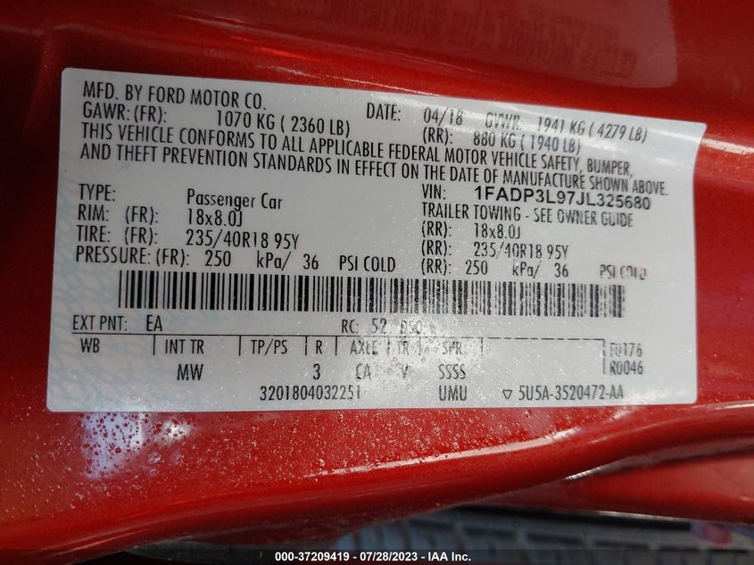VIN 1FADP3L97JL325680 2018 FORD FOCUS ST