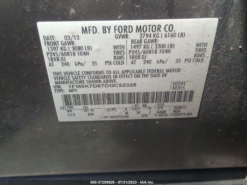 2013 FORD EXPLORER XLT - 1FM5K7D87DGC52328