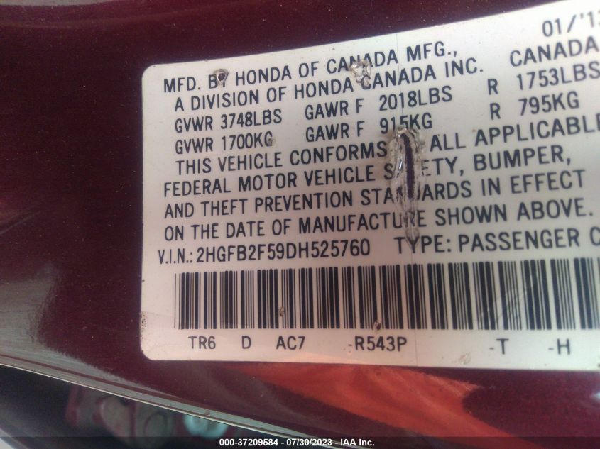 2013 HONDA CIVIC SDN LX - 2HGFB2F59DH525760