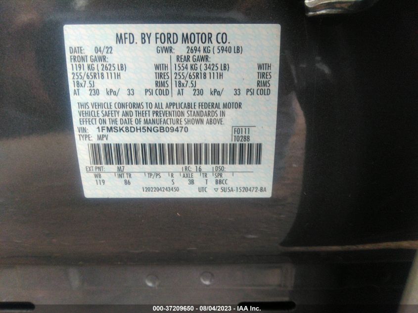 2022 FORD EXPLORER XLT - 1FMSK8DH5NGB09470