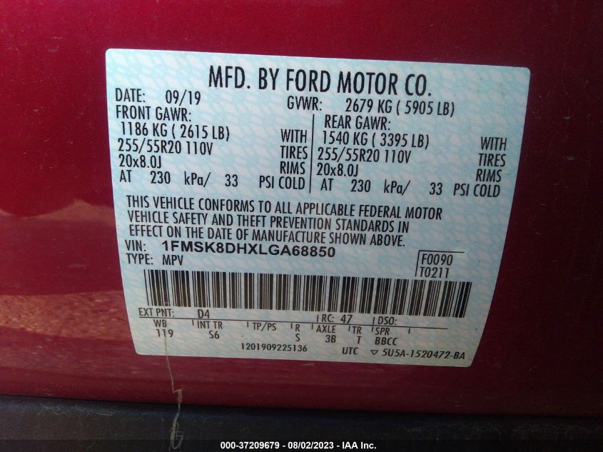 2020 FORD EXPLORER XLT - 1FMSK8DHXLGA68850