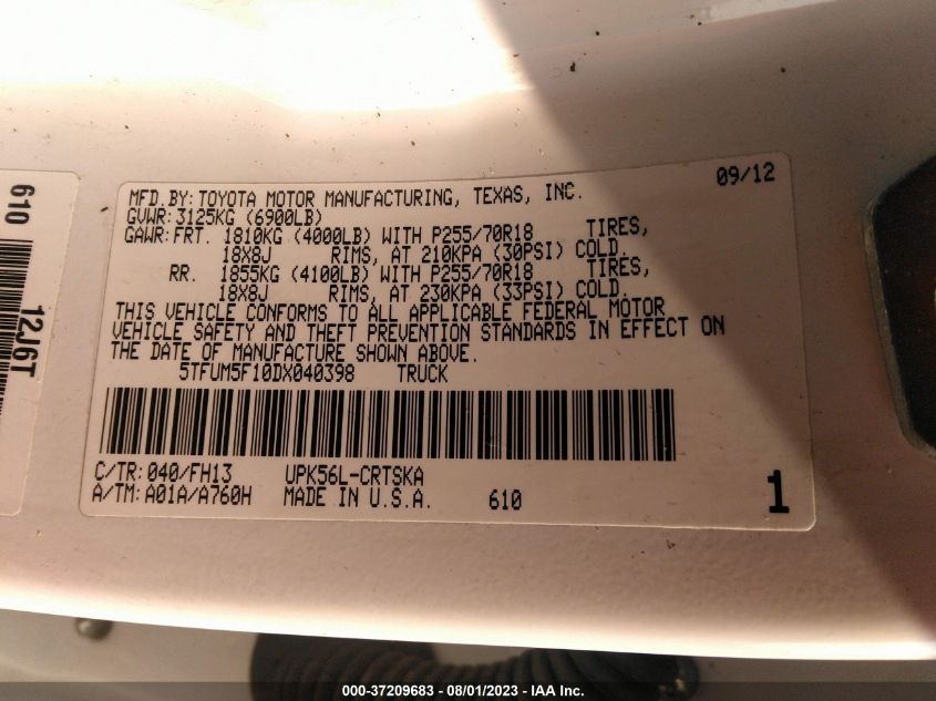 2013 TOYOTA TUNDRA 4WD TRUCK 5TFUM5F10DX040398