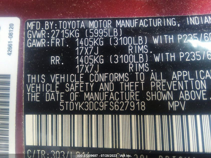 5TDYK3DC9FS627918 2015 TOYOTA SIENNA, photo no. 9