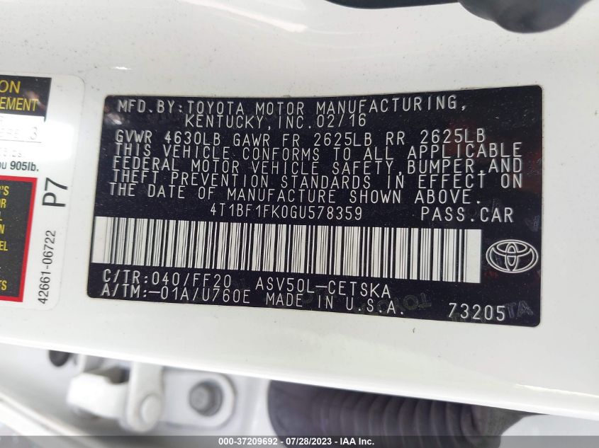2016 TOYOTA CAMRY XLE/SE/LE/XSE - 4T1BF1FK0GU578359