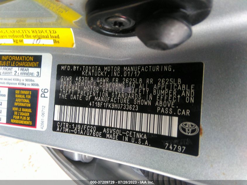 2017 TOYOTA CAMRY XLE/SE/LE/XSE - 4T1BF1FK9HU733623
