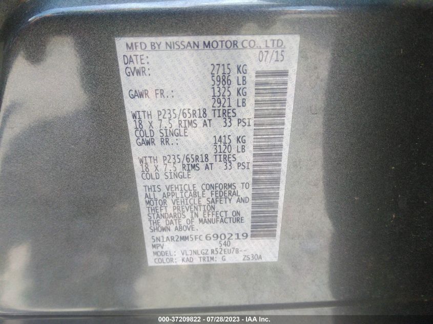 2015 NISSAN PATHFINDER SL - 5N1AR2MM5FC690219