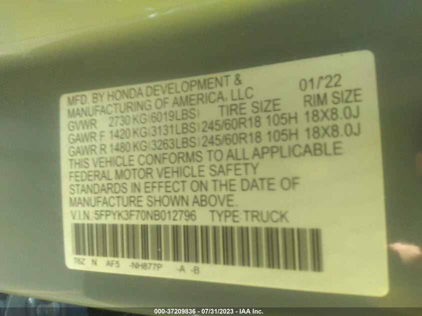 VIN 5FPYK3F70NB012796 2022 HONDA RIDGELINE RTL-E