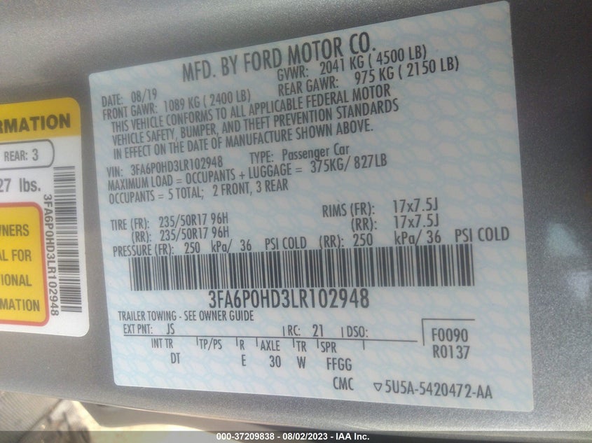 VIN 3FA6P0HD3LR102948 2020 FORD FUSION SE