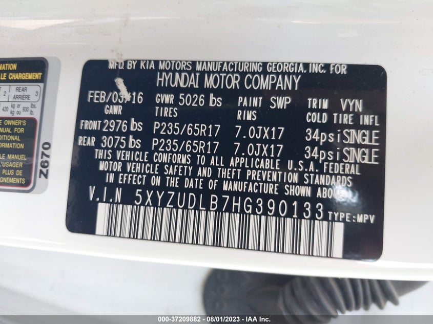 VIN 5XYZUDLB7HG390133 2017 HYUNDAI SANTA FE SPORT 2.4L
