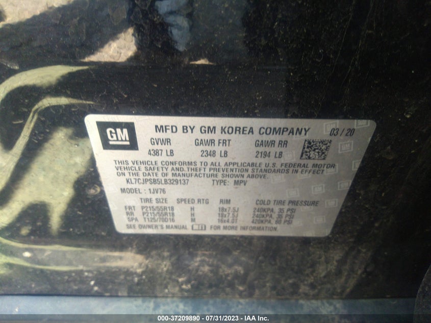 VIN KL7CJPSB5LB329137 2020 CHEVROLET TRAX 1LT