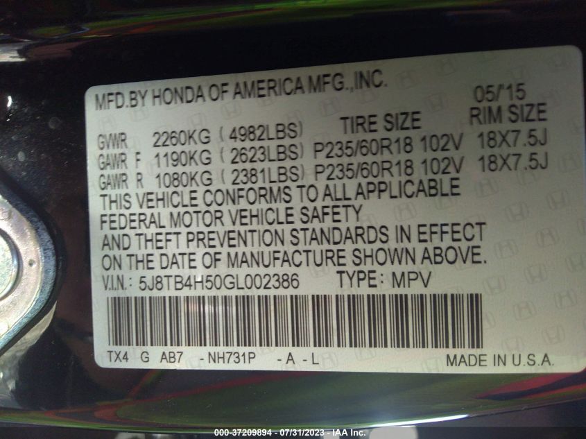 2016 ACURA RDX TECH PKG/TECH - 5J8TB4H50GL002386