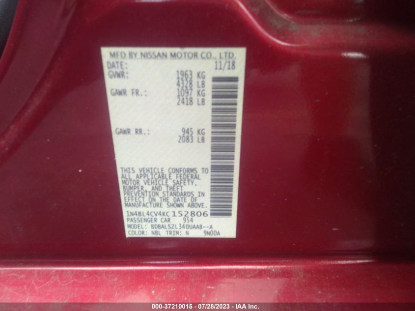 2019 NISSAN ALTIMA 2.5 SR - 1N4BL4CV4KC152806