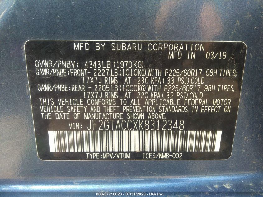 2019 SUBARU CROSSTREK PREMIUM - JF2GTACCXK8312348