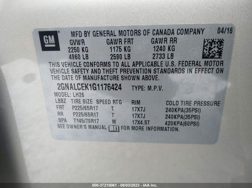 2016 CHEVROLET EQUINOX LT - 2GNALCEK1G1176424
