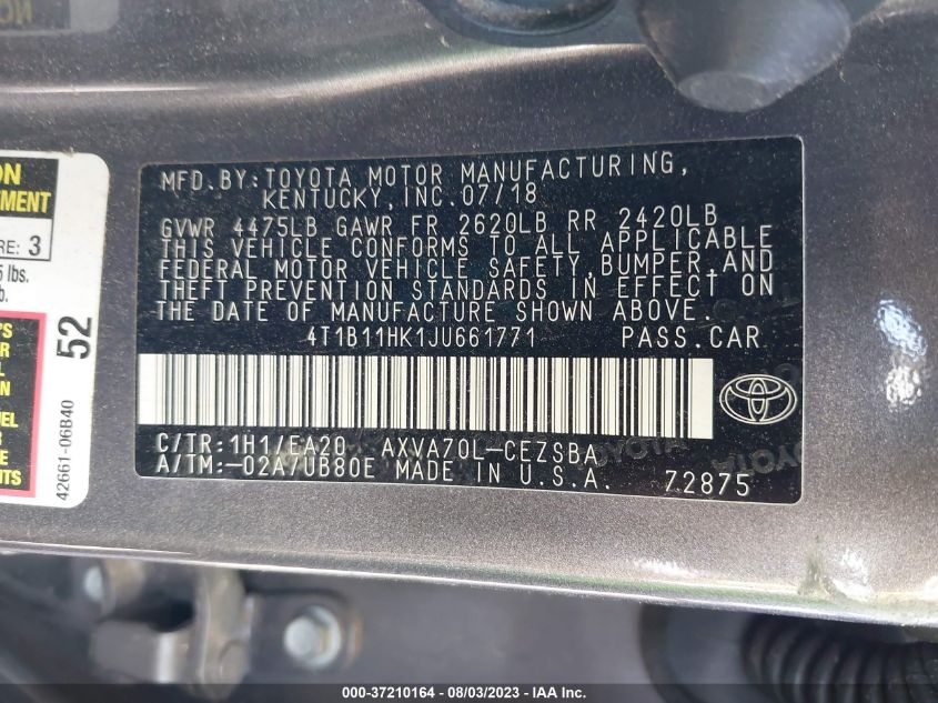 2018 TOYOTA CAMRY LE/SE/XLE/L - 4T1B11HK1JU661771