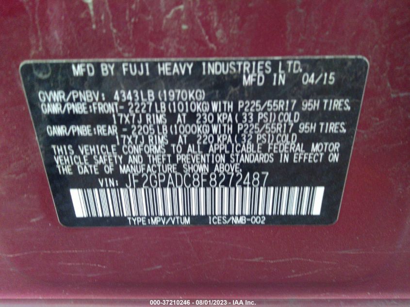 2015 SUBARU XV CROSSTREK PREMIUM - JF2GPADC8F8272487