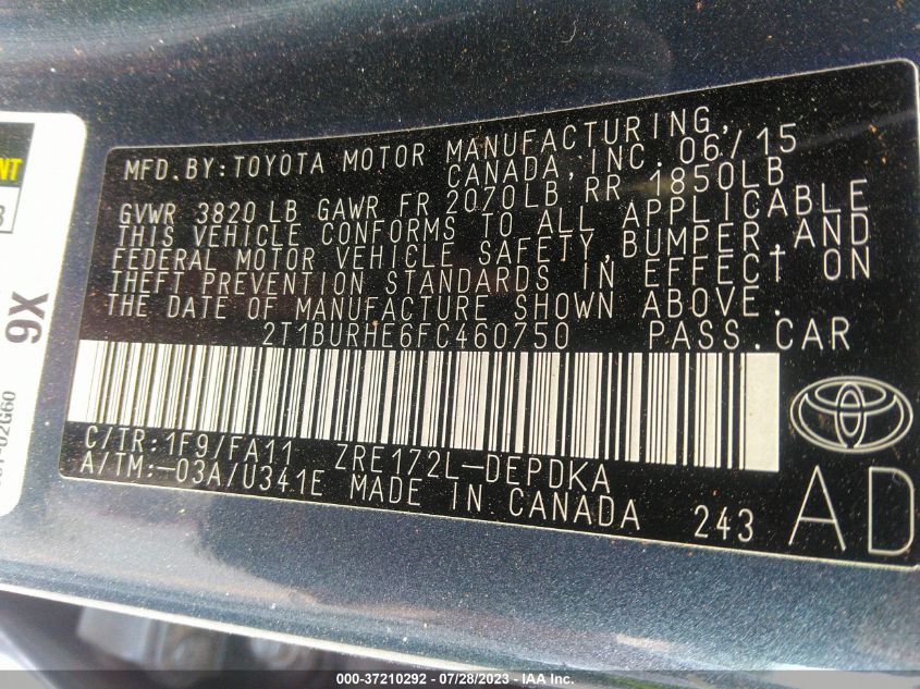 2015 TOYOTA COROLLA L/LE/LE PLS/PRM/S/S PLS - 2T1BURHE6FC460750