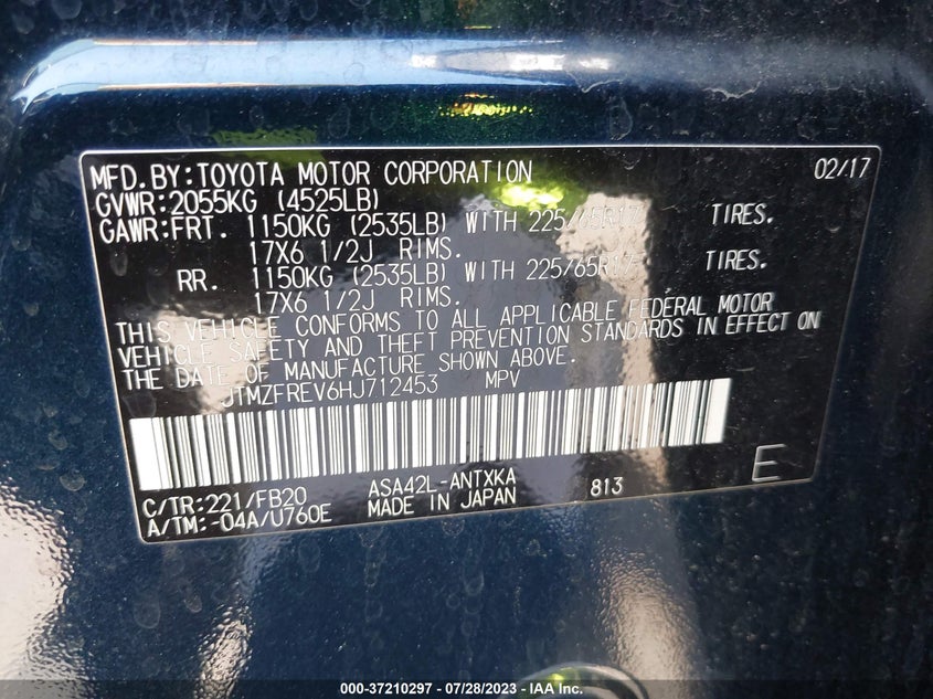 VIN JTMZFREV6HJ712453 2017 TOYOTA RAV4 LE