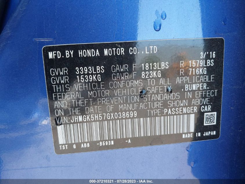 2016 HONDA FIT LX - JHMGK5H57GX038699