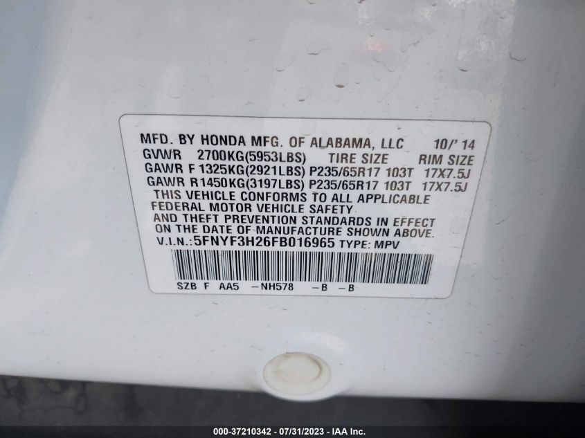 2015 HONDA PILOT LX - 5FNYF3H26FB016965