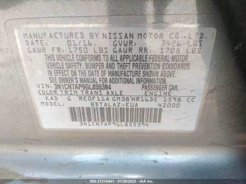 2016 NISSAN VERSA S PLUS - 3N1CN7AP9GL855394