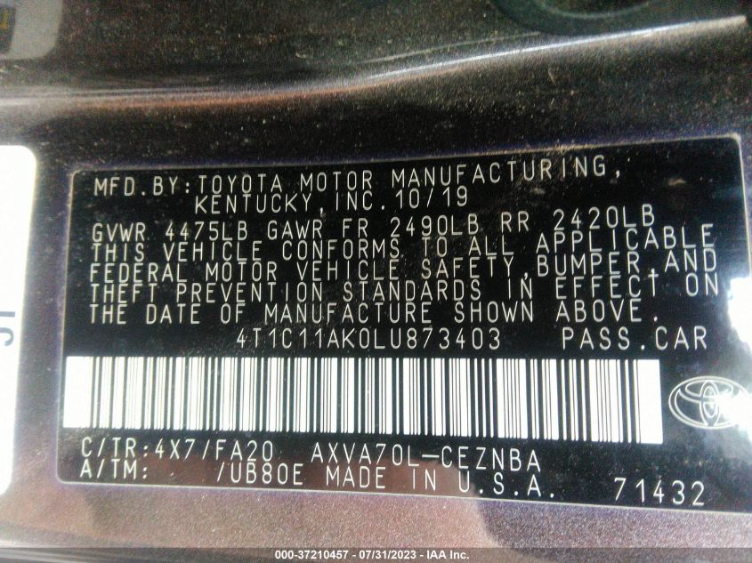 2020 TOYOTA CAMRY LE - 4T1C11AK0LU873403