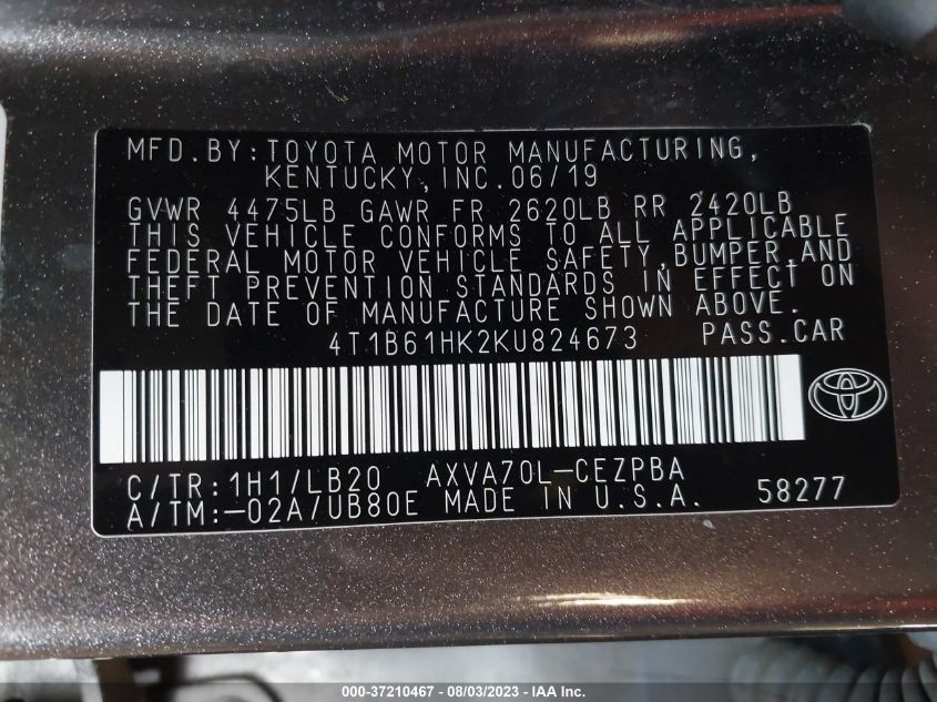 2019 TOYOTA CAMRY XSE - 4T1B61HK2KU824673