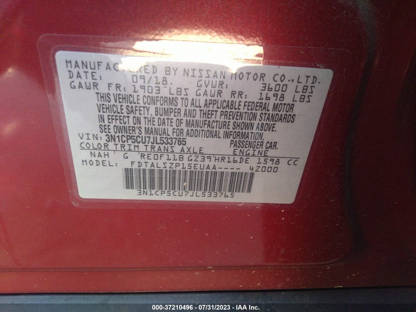 VIN 3N1CP5CU7JL533765 2018 NISSAN KICKS SV