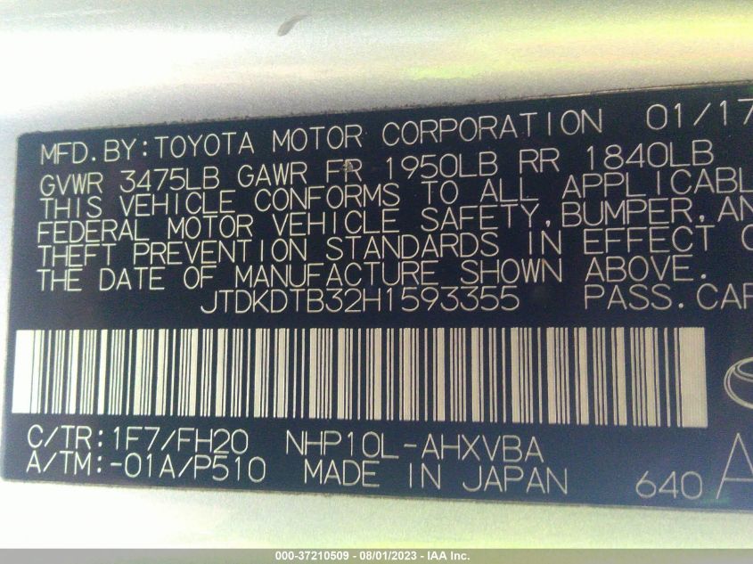 2017 TOYOTA PRIUS C ONE/TWO/THREE/FOUR - JTDKDTB32H1593355