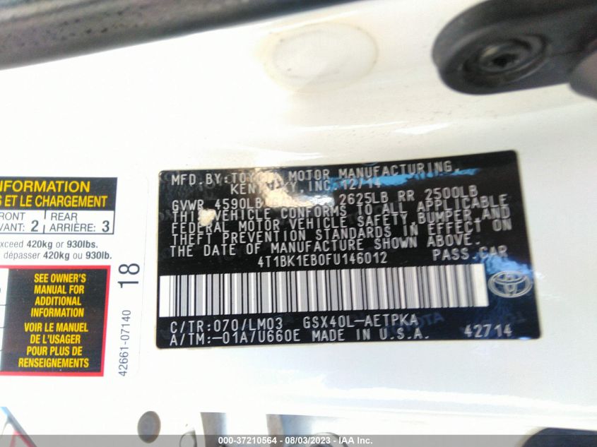 2015 TOYOTA AVALON XLE/PREMIUM/TOURING/LTD - 4T1BK1EB0FU146012