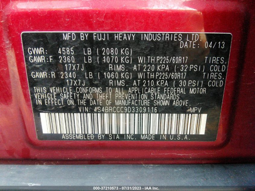 2013 SUBARU OUTBACK 2.5I PREMIUM - 4S4BRCCC9D3309116