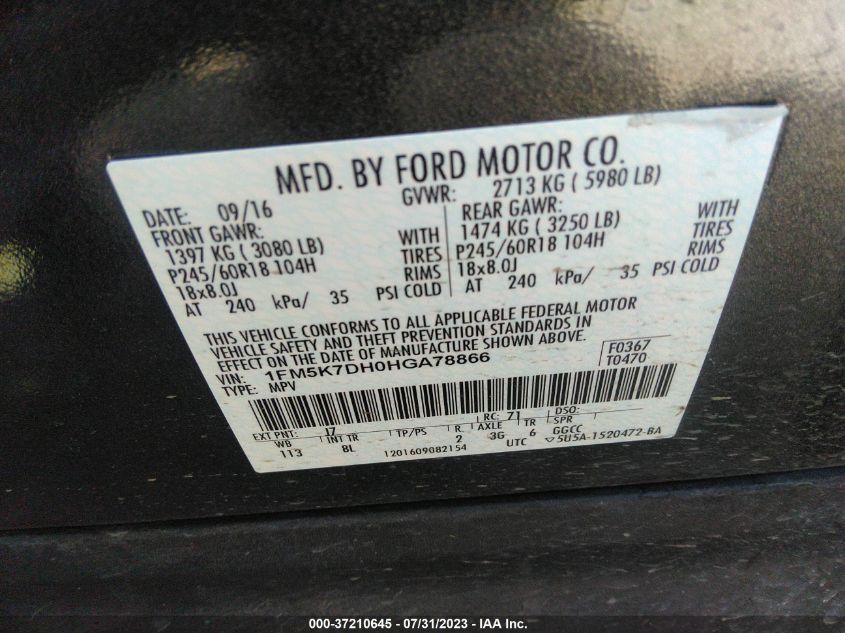 2017 FORD EXPLORER XLT - 01FM5K7DH0HGA7886