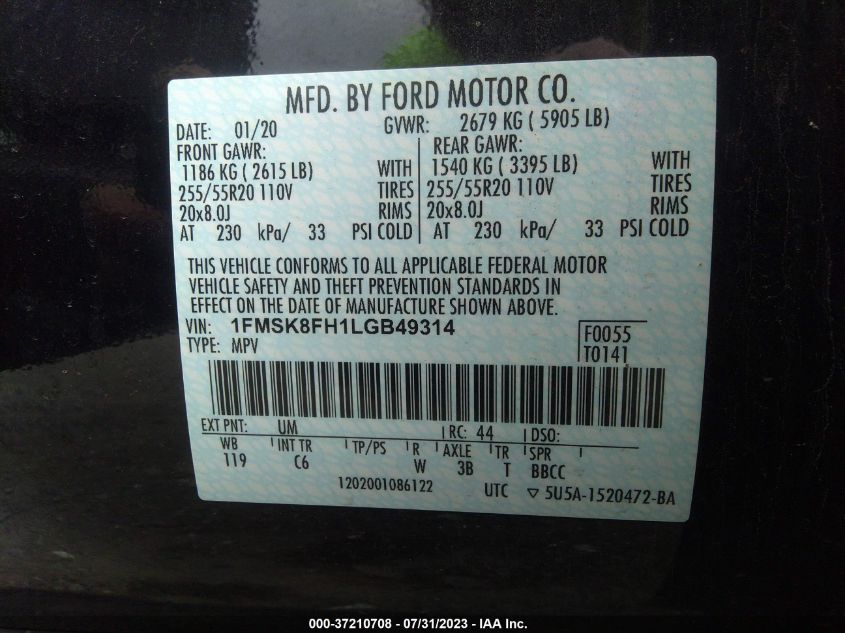 2020 FORD EXPLORER LIMITED - 1FMSK8FH1LGB49314