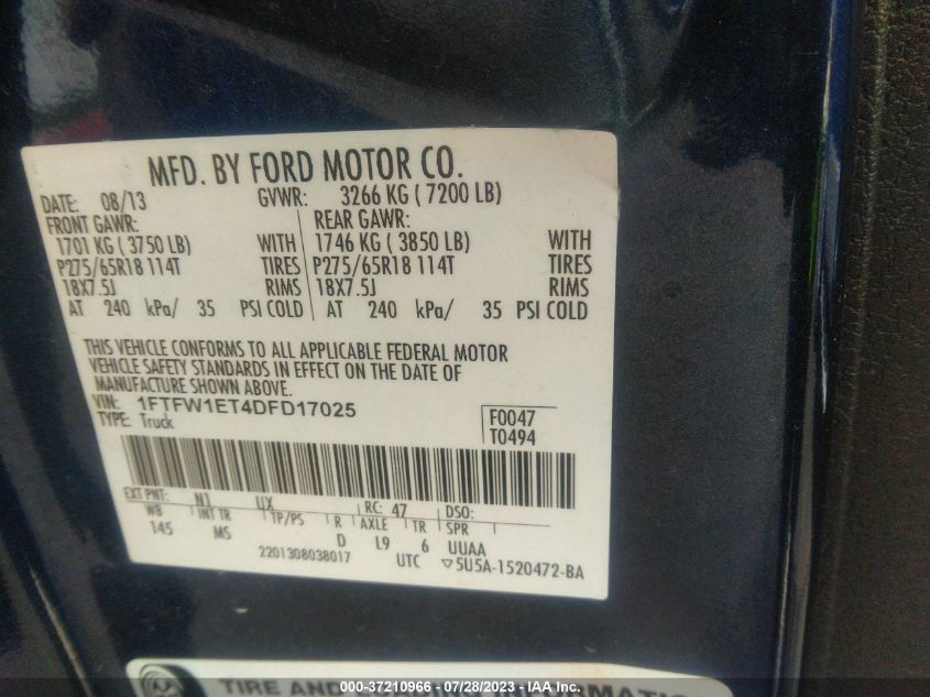 2013 FORD F-150 XL/XLT/FX4/LARIAT - 1FTFW1ET4DFD17025