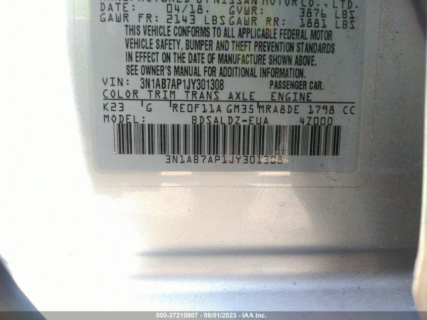 2018 NISSAN SENTRA S/SV/SR/SL - 3N1AB7AP1JY301308