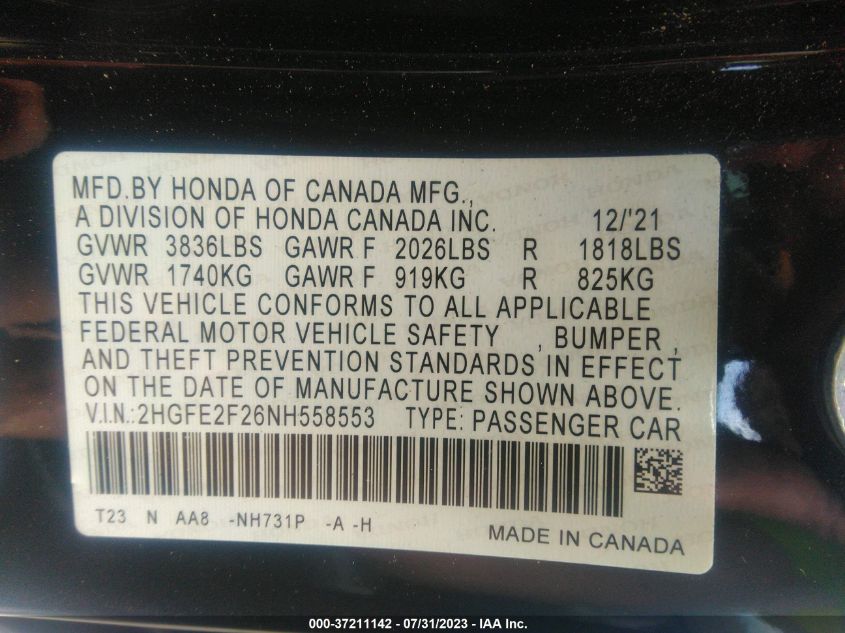 2022 HONDA CIVIC SEDAN LX - 2HGFE2F26NH558553