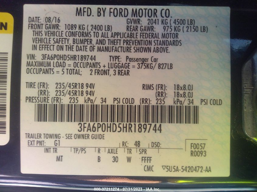 2017 FORD FUSION SE - 3FA6P0HD5HR189744