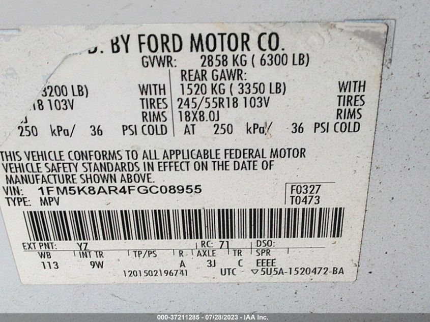 2015 FORD UTILITY POLICE 1FM5K8AR4FGC08955