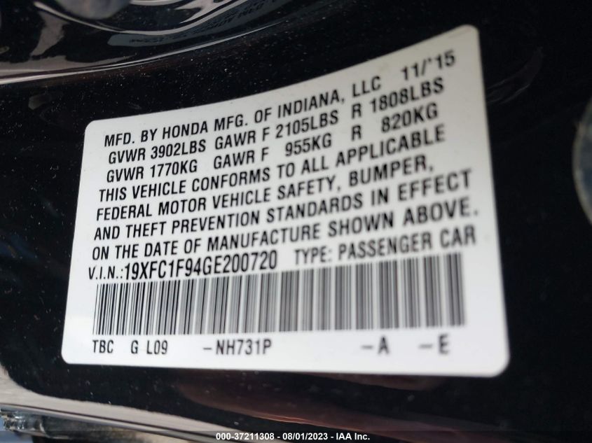 2016 HONDA CIVIC SEDAN TOURING - 19XFC1F94GE200720