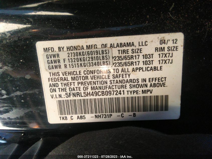 5FNRL5H49CB097241 2012 HONDA ODYSSEY, photo no. 9