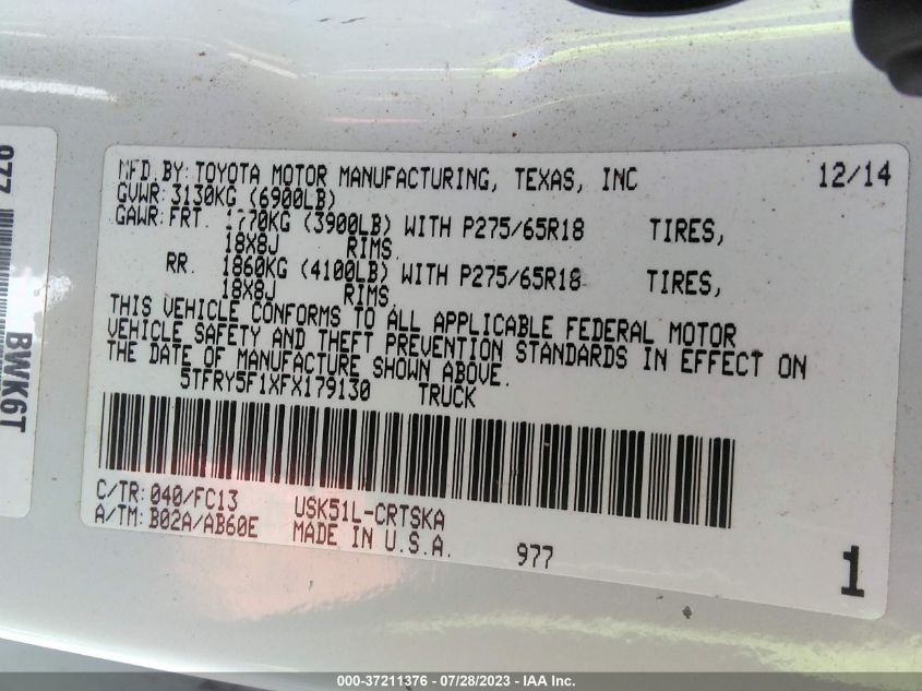 2015 TOYOTA TUNDRA 2WD TRUCK SR5/SR - 5TFRY5F1XFX179130