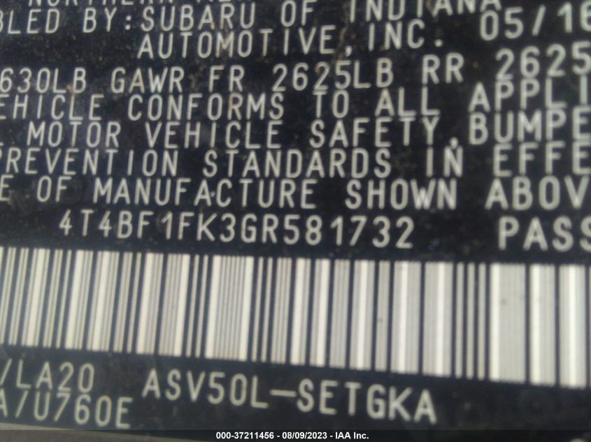 2016 TOYOTA CAMRY XLE/SE/LE/XSE - 4T4BF1FK3GR581732