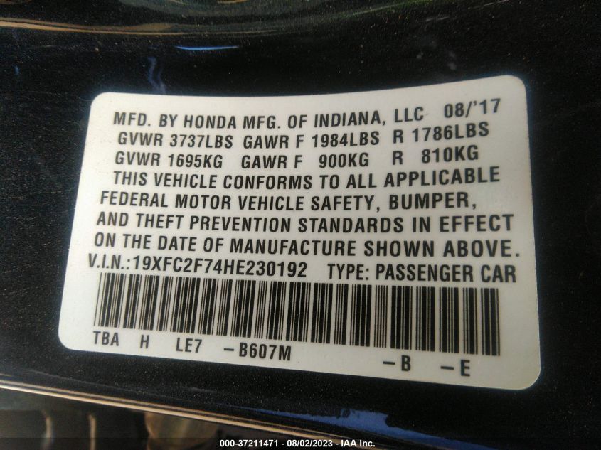 2017 HONDA CIVIC SEDAN EX - 19XFC2F74HE230192
