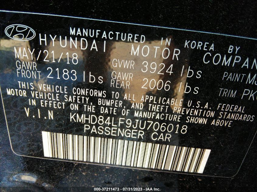 2018 HYUNDAI ELANTRA SEL - KMHD84LF9JU706018