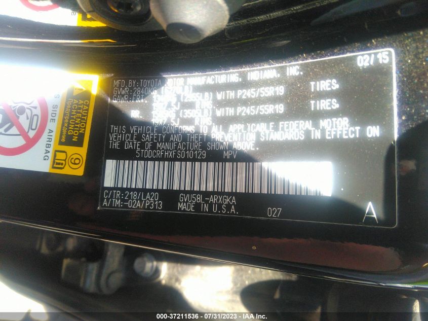 2015 TOYOTA HIGHLANDER HYBRID LIMITED 5TDDCRFHXFS010129