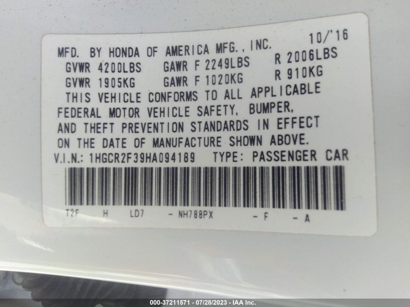 2017 HONDA ACCORD SEDAN LX - 1HGCR2F39HA094189