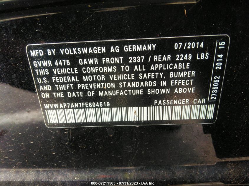 2015 VOLKSWAGEN CC R-LINE - WVWAP7AN7FE804519