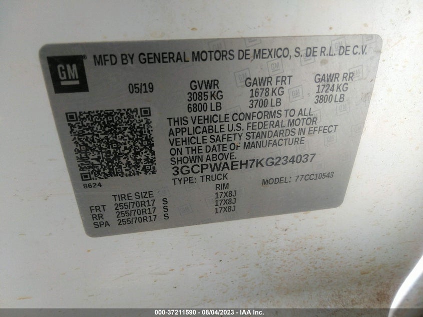 VIN 3GCPWAEH7KG234037 2019 CHEVROLET SILVERADO 1500 WORK TRUCK